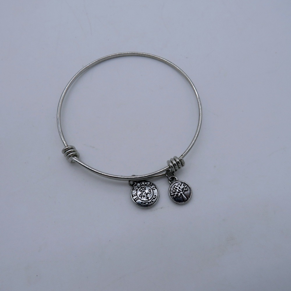 Be Strong Tree of Life Silver Tone Expandable Wire Bangle Charm Bracelet‎